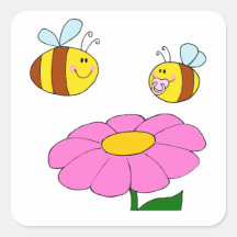 mommy and baby bee flying over flower cartoon square stickers