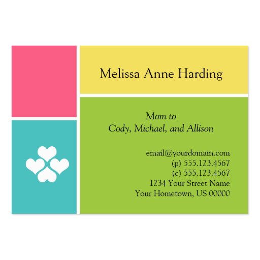 Mommy Info Cards Pink Teal Green Yellow Tropical C Business Card Templates (front side)