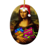 Mona Lisa In Christmas Mood Double-Sided Oval Ceramic Christmas Ornament
