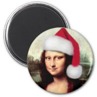 Mona Lisa's Christmas Santa Hat 2 Inch Round Magnet