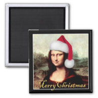 Mona Lisa's Christmas Santa Hat 2 Inch Square Magnet