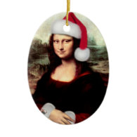 Mona Lisa's Christmas Santa Hat Double-Sided Oval Ceramic Christmas Ornament