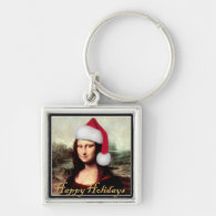 Mona Lisa's Christmas Santa Hat Silver-Colored Square Keychain