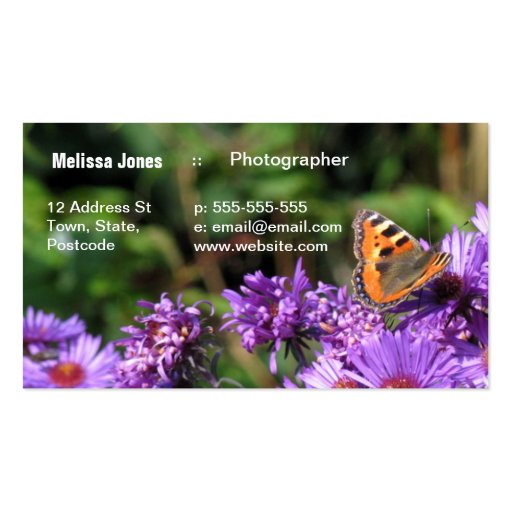 Monarch butterfly and purple flowers business card (front side)