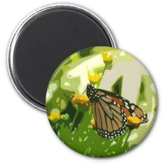 Monarch butterfly on a green and yellow plant magnet