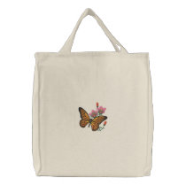 Monarch Butterfly on Pink Flower Emboirdered Bag