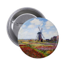 Monet Field of Tulips With Windmill Button