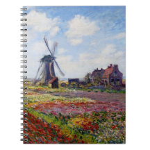 Monet Field of Tulips With Windmill Notebook