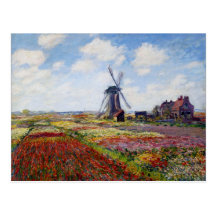 Monet Field of Tulips With Windmill Postcard