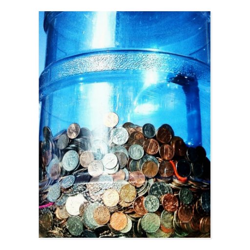 Money Coins Saved in a 5 Gallon Water Jug Postcard Zazzle