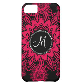 Mongram Black Hot Pink Fuchsia Lace Snowflake iPhone 5C Cases