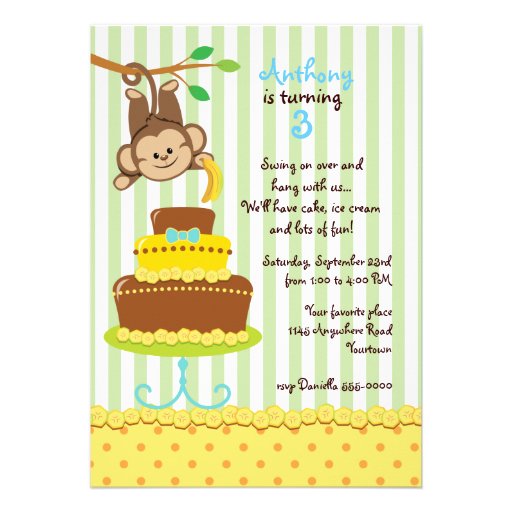 Monkey and Banana Cake Boys Birthday Custom Invitation