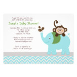 Monkey and Elephant Light Blue Chevron Baby Shower Custom Invites
