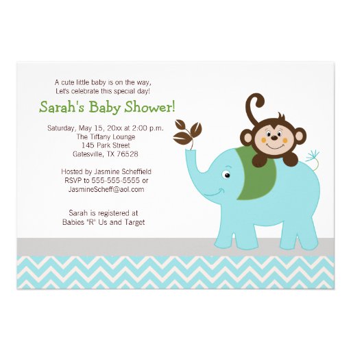 Monkey and Elephant Light Blue Chevron Baby Shower Custom Invites