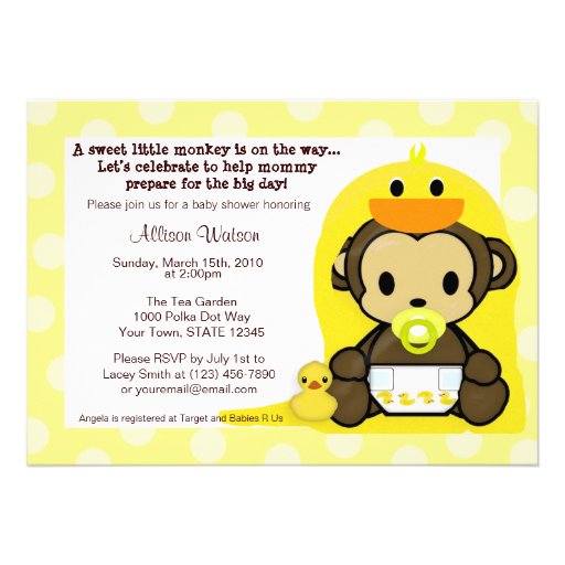 Monkey Baby Duckie Bath Shower Invitation