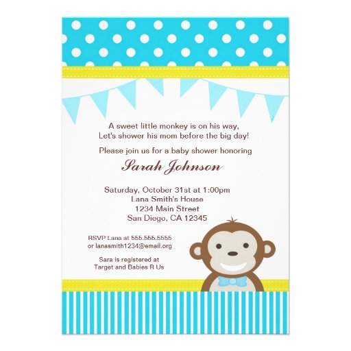 Monkey Baby Shower Invitation Boy 5" X 7" Invitation Card Zazzle