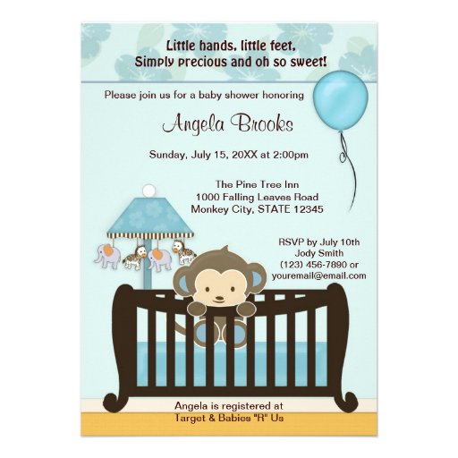 MONKEY Baby Shower Invitation Crib CJ-BLUE boy (front side)