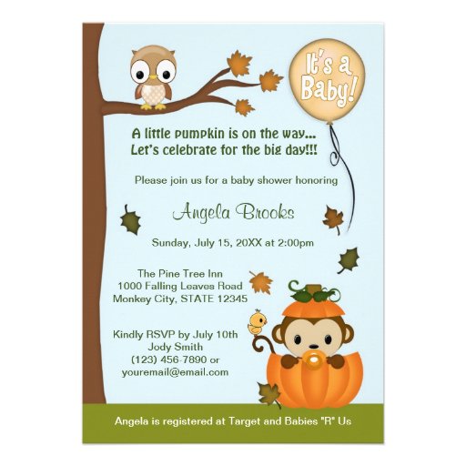MONKEY Baby Shower Invitation Fall Pumpkin NEUTRAL
