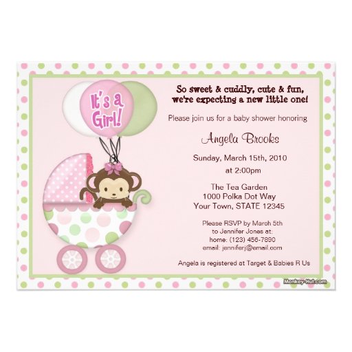 Monkey Baby Shower Invitation pink green polka dot