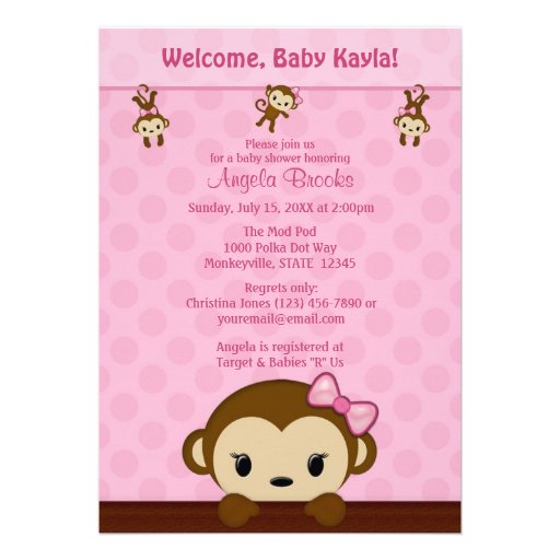MONKEY Baby Shower invitation Polka Dot PINK GIRL