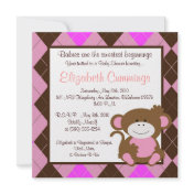 monkey Baby Shower invite cute sweet brown pink