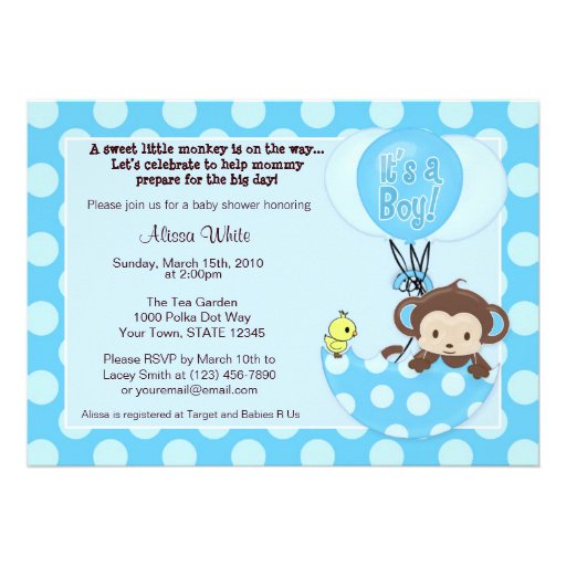 Monkey Birdie Umbrella Baby Shower Invitation