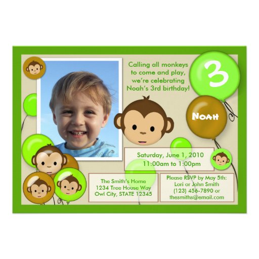 Monkey birthday invitation green brown (photo)