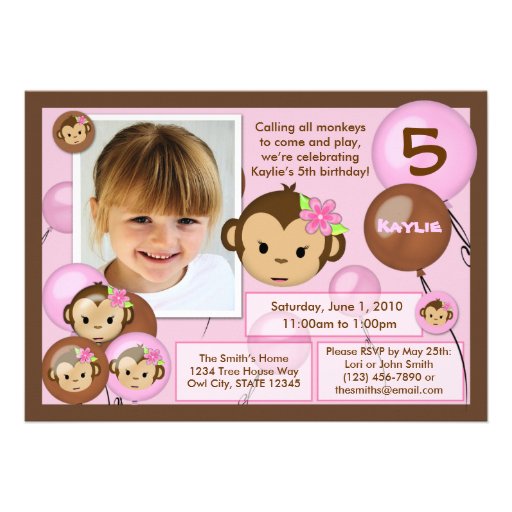 Monkey birthday invitation pink brown (photo)