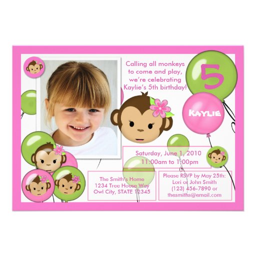 Monkey birthday invitation pink green lime (photo)
