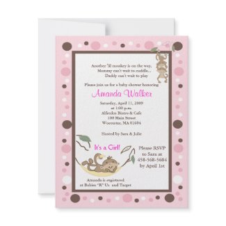 Monkey Business 4x5 Pink Dot Baby Shower Invite invitation