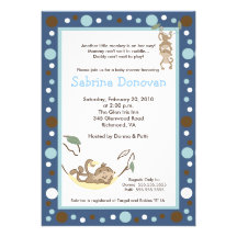 Monkey Business Dark Blue / Brown Baby Shower Custom Announcements