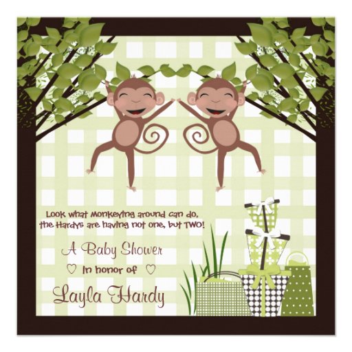... twins baby shower invitations feature two friendly baby monkeys
