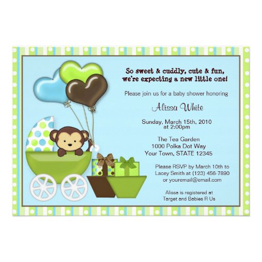 Monkey Carriage Baby Shower Invitation BLUE GREEN