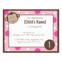 Monkey Girl Pink Birthday Invitation 4.25" x 5.5 invitations