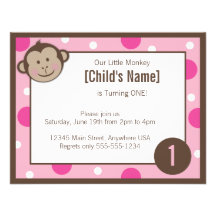 Monkey Girl Pink Birthday Invitation 4.25" x 5.5
