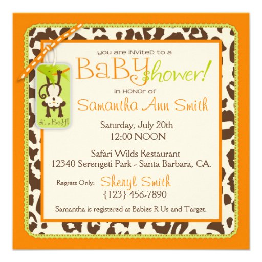 Monkey & Pacifier Safari Animal Print Baby Shower Personalized Invite