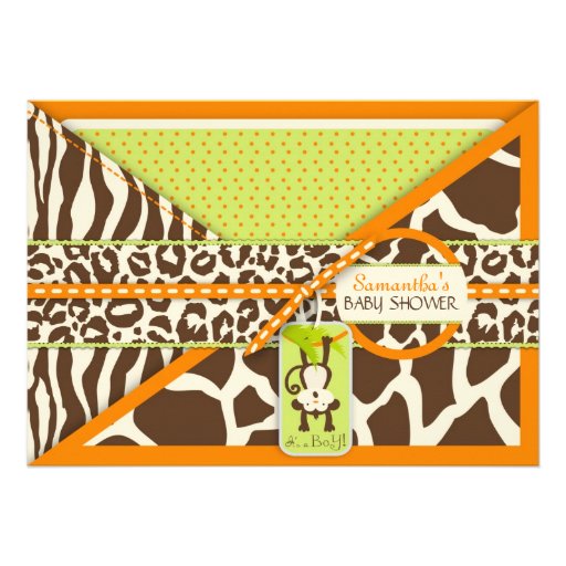 Monkey & Pacifier Safari Animal Print Baby Shower Personalized Invites (front side)