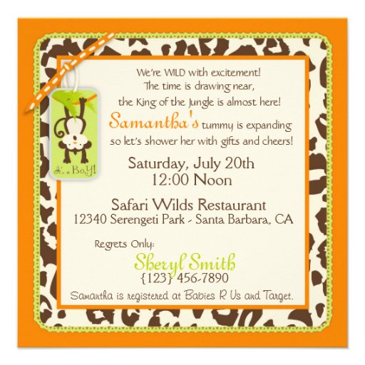 Monkey & Pacifier Safari Animal Print Baby Shower Custom Announcements