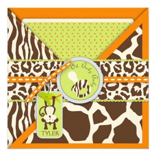 Monkey & Pacifier Safari Animal Print Baby Shower Custom Announcements (front side)