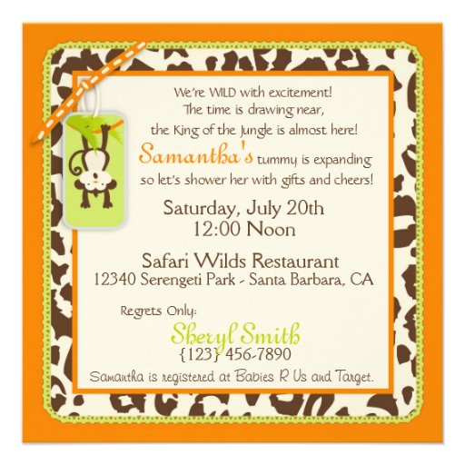 Monkey & Pacifier Safari Animal Print Baby Shower Custom Announcements