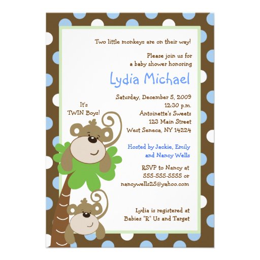 Monkey Time 5x7 TWINS Jungle Baby Shower Personalized Invites (front side)
