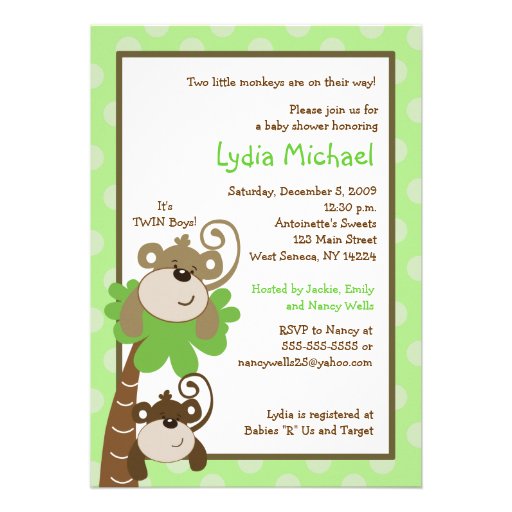 Monkey Time 5x7 TWINS Jungle Baby Shower Personalized Invites (front side)