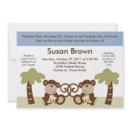 Monkey Time Twin Baby Boys Shower Invitation invitation
