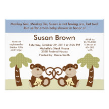 Monkey Time Twin Baby Boys Shower Invitation