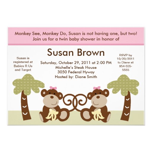Monkey Time Twin Baby Girls Shower Invitation (front side)