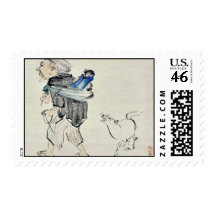 Monkey trainer and a dog by Shibata, Zeshin Ukiyo Stamps
