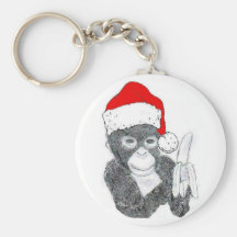 MONKEY WITH SANTA HAT AND BANANA KEYCHAIN