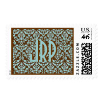 Monnogrammed Blue & Brown Damask Postage