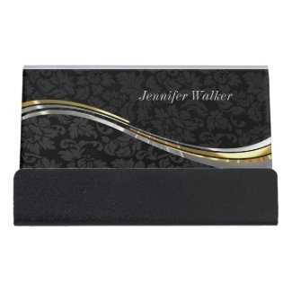 Monochromatic Black Damask And Gold Silver Accents Desk Business Card Holder