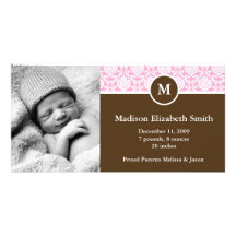 Monogram and Damask Baby Announcements Photo Cards